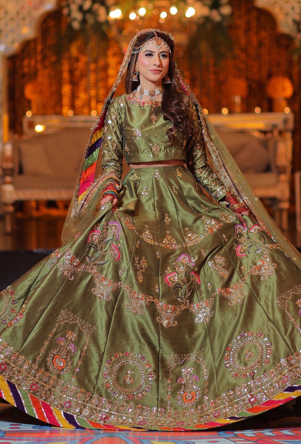 HUES ATELIER BRIDAL OLIVE MEHNDI LEHNGA CHOLI FORMAL QAAF