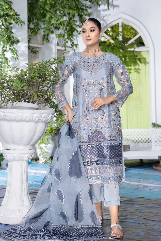 BRIDAL DRESS - FLORAL GRAY - AF-0106 - UNSTITCHED