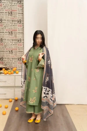 Green Embroidered 3 Pcs Unstitched Suit