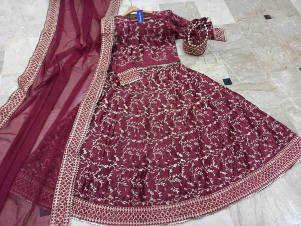 Maroon Embroidered Lehenga Choli Set 4Pcs Maroon Embroidered Lehenga Choli Set 4Pcs