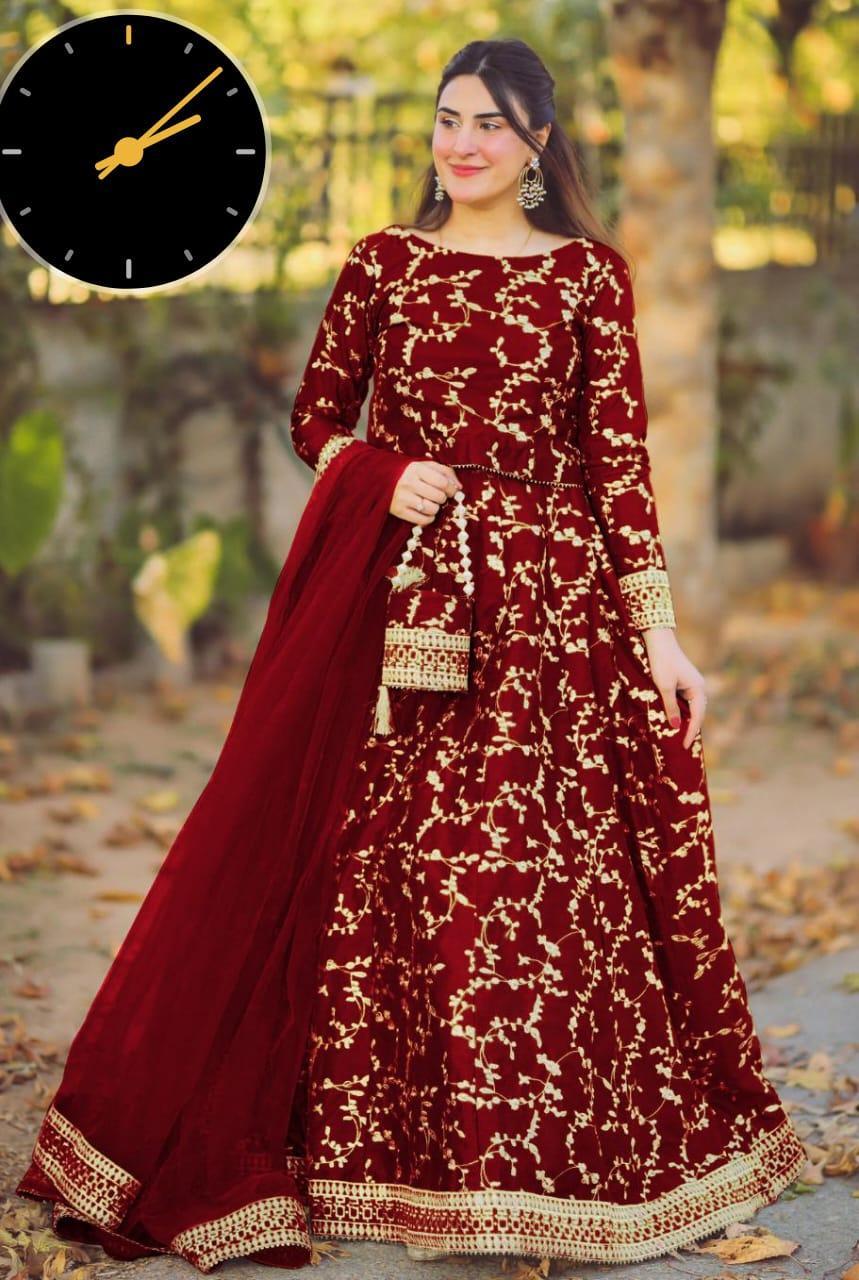 Maroon Embroidered Lehenga Choli Set 4Pcs