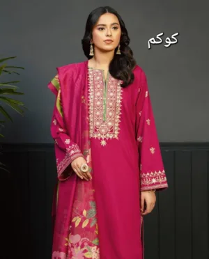 Women's Embroidered Dhanak Suit 3PC Pink