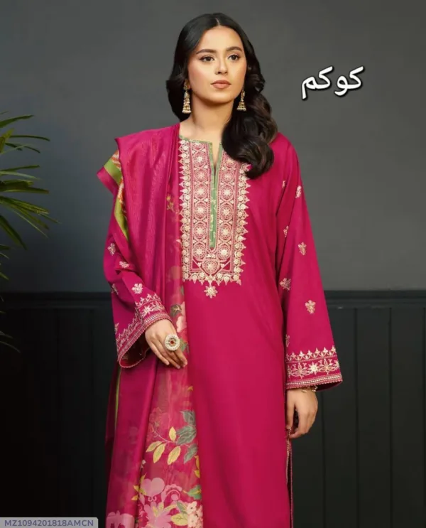 Women's Embroidered Dhanak Suit 3PC Pink Women's Embroidered Dhanak Suit 3PC Pink