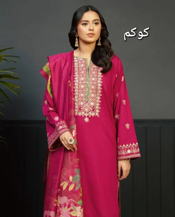 Women's Embroidered Dhanak Suit 3PC Pink
